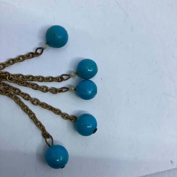 Vtg 1930s MIRIAM HASKELL ?  turquoise glass beads tassel lavalier necklace - Picture 5 of 6